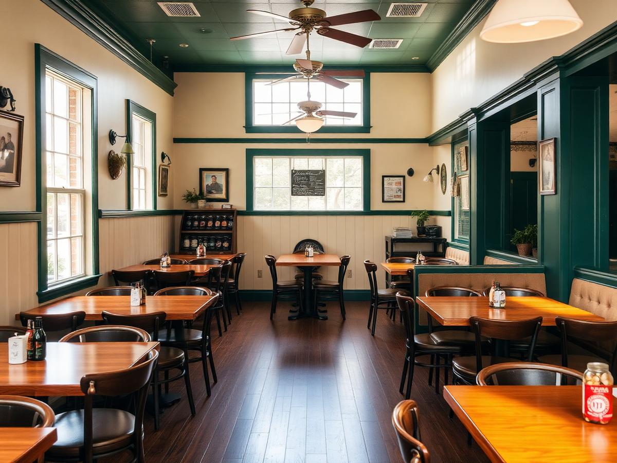 Warm dining room inside Chef Paul's Café with wooden tables and cream walls